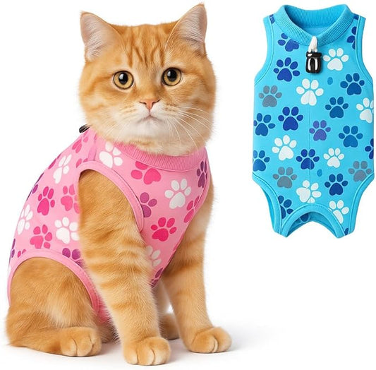 Cat Recovery Suit: Pink Cat Surgery Recovery Suit Female w/Paw Print Design - Elastic, Soft & Breathable Cat Recovery Suit for Spay - Washable Cat Surgery Suit for Post-Operative Healing Process.