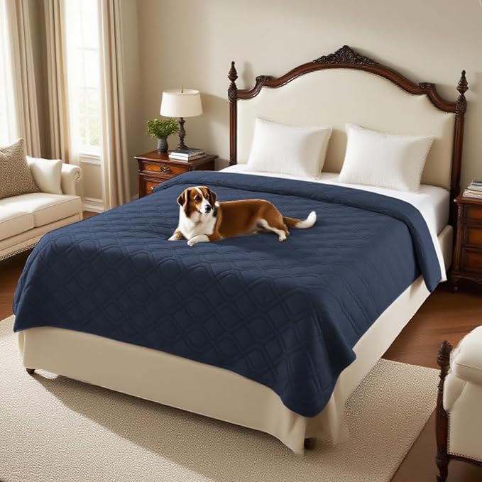 PrinceDeco Waterproof Dog Blanket Pet Bed Cover for Furniture Bed Couch Sofa Loveseat Non-Slip Back(52x82 Inch,Navy)