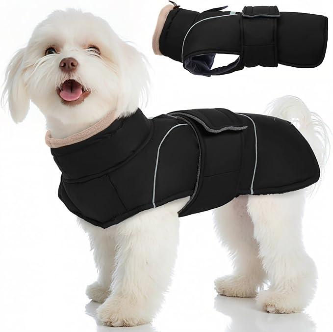 Black Dog Coat Soft Pet Sweater for Cold Weather Waterproof Dogs Jacket with Fleece Lined Warm Pet Winter Coat with Leash Hole Thick Dog Clothes Windproof Puffer Coats for Small Dogs