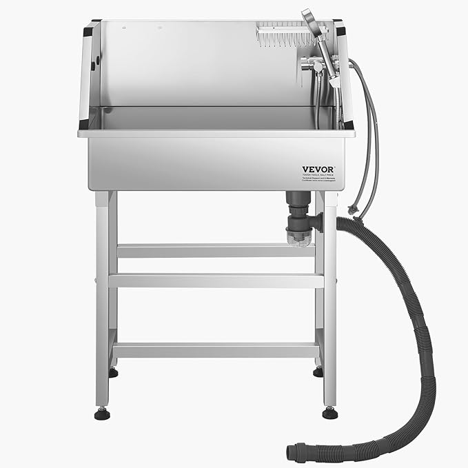 VEVOR 34 Inch Stainless Steel Dog Washing Station, Pet Grooming Tub with Hot & Cold Faucet, Showerhead, Storage Rack, No-Bend All-in-One Bathtub, Home Wash Sink, Fits Small Cats and Dogs