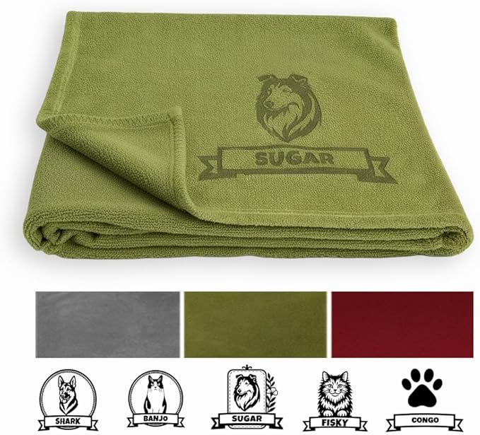 lemuria Personalized Dog Blanket with Custom Name and Breed Engraving, Soft Fleece, Gray, Green, Red, for Couch, Bed, Crate, Car Travel (Green)