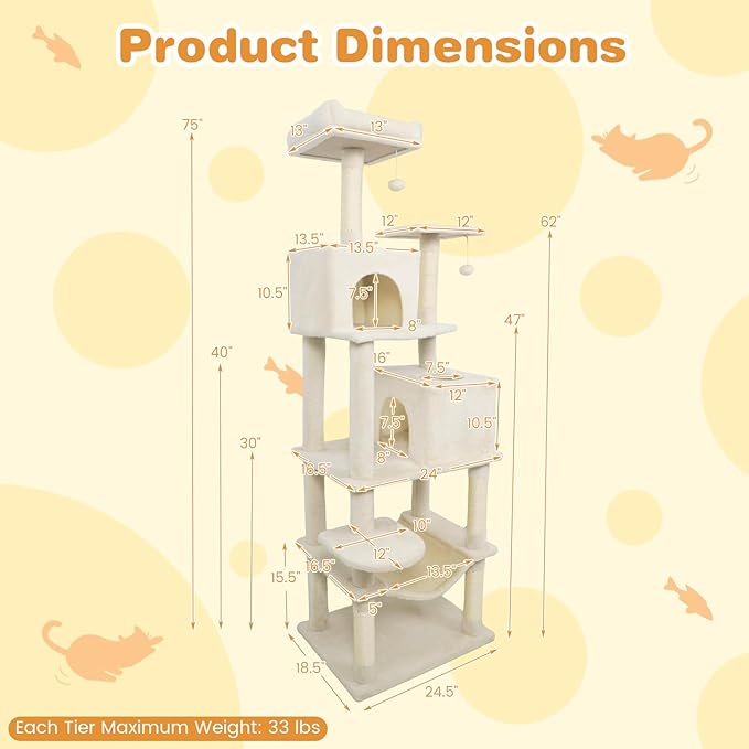 Tangkula Cat Tree for Indoor Cats, 75 Inch Extra Tall Cat Tower with Sisal Scratching Post, Padded Top Perch, Dual Condos, Hammock, 2 Dangling Balls, Platforms, Multi-Level Cat Climbing Furniture