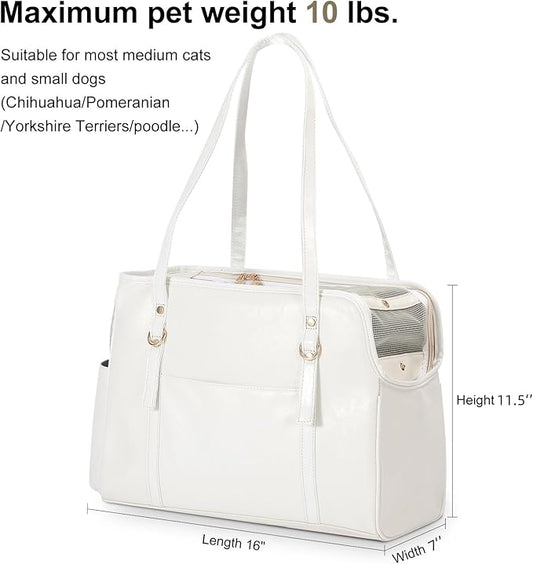 Dog Carrier Purse, Fashion Leather Pet Carrier with Pockets, Airline Approved Soft Sided Dog Carrying Bag for Puppy Cat Dog White