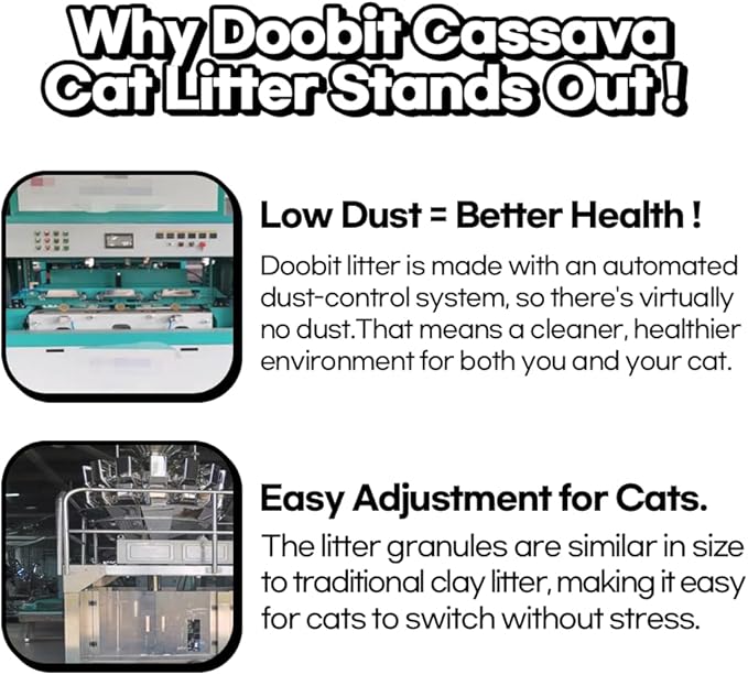 DOOBIT Cassava Cat Litter, Spherical, Non-Stick Super Clumping, No Odor,No Dust,No Mess, Natural Ingredient,Plant-Base,Loved by Cats,Safe, Mixable with Clay or Various Cat Litter (5.7lb x 2pack)