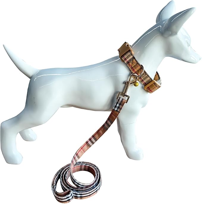 Cute Plaid Dog Collar Harness and Leash with Safety Buckle - Adjustable and No Pull Comfortable Dog Collars for Small Puppy, Stylish Durable Gift for Boy Girl Pets