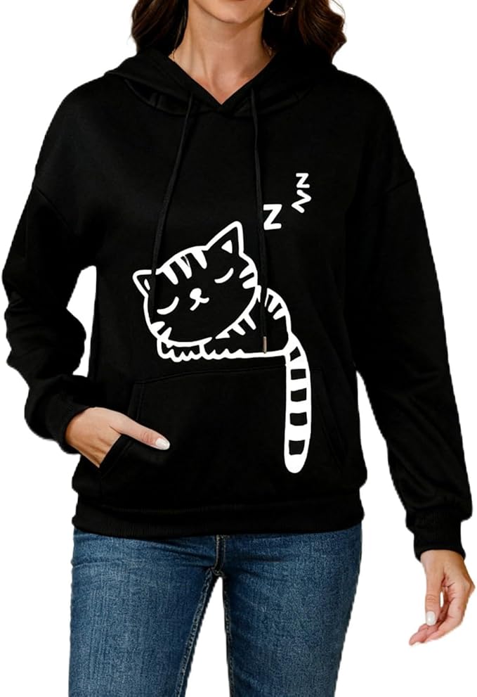 Women Girl Hoodies Cute Cat Ear Novelty Printed Pullover Sweatshirt