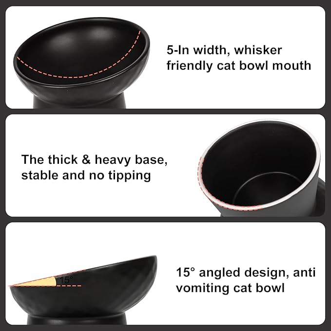 YauYik Raised Cat Bowl Black, Elevated Cat Food Bowls with Tilted Angle, Stress Free, Anti Vomiting, Ceramic Water Bowl for Cats Small Dogs Feeding Dish, 8 Ounces