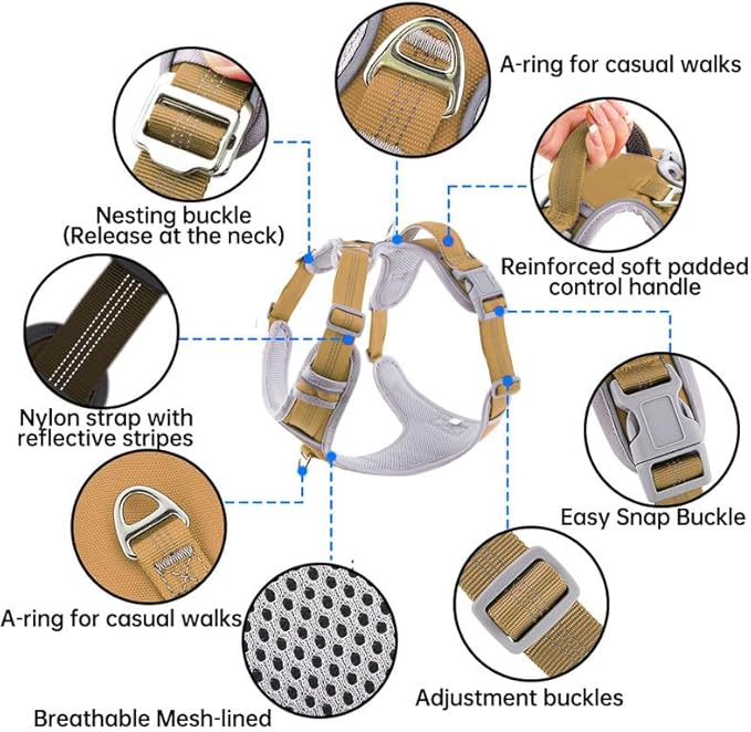 Adjustable Dog Harness - No Pull, Reflective, Soft Padded for Small, Medium, Large Dogs - Includes Leash Beige XS