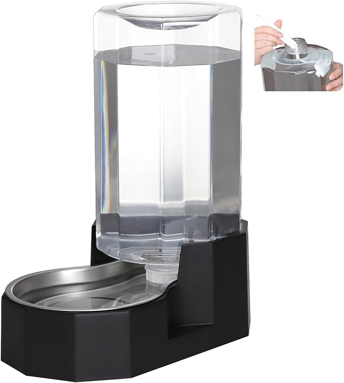 Sfozstra Large Dog Water Dispenser: 8L Automatic Black Stainless Steel Water Feeder with Specialized Brush - Gravity Design for Pets with Joint Issues - Use in Living Room Bedroom