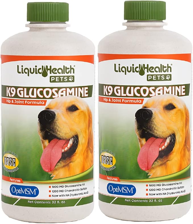 LIQUIDHEALTH Pets K9 Liquid Glucosamine for Dogs, Puppies, Senior Canines with Chondroitin, MSM, Hyaluronic Acid - Dog Vitamins for Hip Joint Health, Dog Joint Oil, Joint Juice - Made in USA (2 Pack)