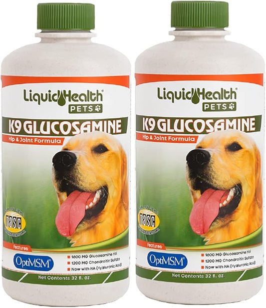 LIQUIDHEALTH Pets K9 Liquid Glucosamine for Dogs, Puppies, Senior Canines with Chondroitin, MSM, Hyaluronic Acid - Dog Vitamins for Hip Joint Health, Dog Joint Oil, Joint Juice - Made in USA (2 Pack)