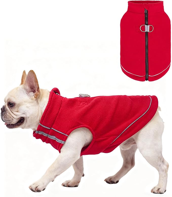 BEAUTYZOO Dog Fleece Vest Sweater Winter Jacket Zip Up Warm Pullover Step-in Dog Clothes with D-Ring Leash Cold Weater Reflective Coat Hoodie for for XS S M Dogs Puppy Cat Boy or Girl, Red Large