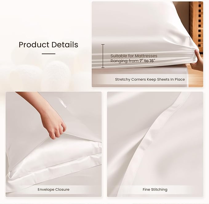 THXSILK Silk Sheet Set 4Pcs, 6A+ Top Grade 100% Natural Mulberry Silk Bed Sheets, Breathable Bedding Sets Ultra Soft Durable, 1 Fitted Sheet, 1 Flat Sheet and 2 Pillow Shams (Full, Pearl White)