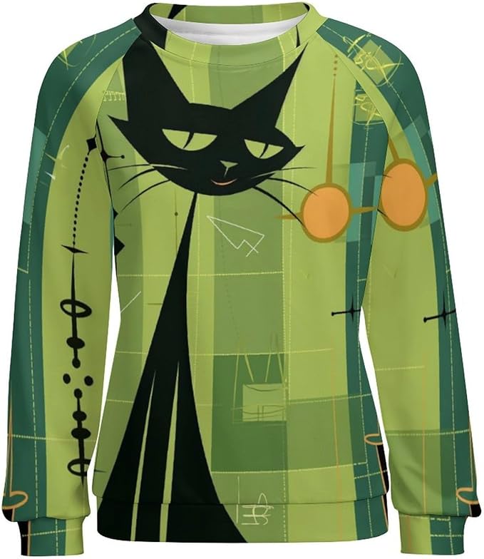 Biacolum Long Sleeve Shirts for Women Mid Century Retro Style Atomic Cat 3D Graphic Sweatshirts Fall Crewneck Pullover Top