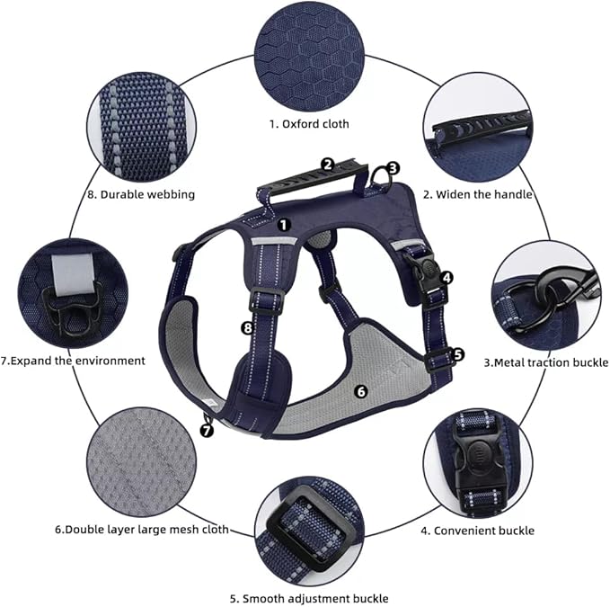 Dog Harness No Pull Adjustable Reflective,for Medium and Large Small Dog with Leash 59.06in (Dark Blue, S)