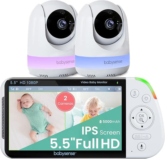 Babysense 5.5” 1080p Full HD Split-Screen Baby Monitor, Video Baby Monitor with 2 Cameras and Audio, 6-Color RGB Night Light, 1000ft Range, Two-Way Audio, 4X Zoom, 5000mAh Battery