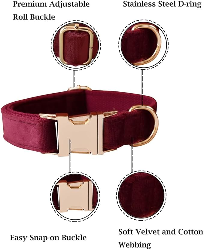 Velvet Dog Collar and Leash Set, Bright & Stylish Leash and Collar Set, Durable Pet Collars with Heavy Duty Quick Release Metal Buckle Adjustable for Samll Medium Large Dogs or Cats