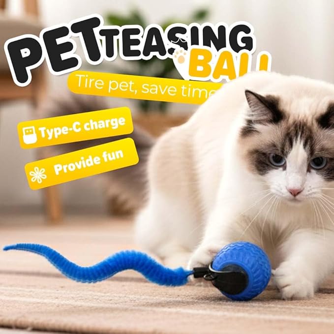 Cat Toys for Indoor Cats, 2025 New Interactive Cat Toy Ball, Automatic Moving Cat Toy for Indoor Use, Rechargeable Feather Tail Cat Toy with Stimulation for Small Medium Large Cats (2 * Blue)