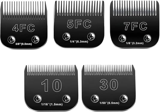 Audoc 10 Blades Dog Grooming Blades Compatible with Andis/Oster A5/Wahl KM-10 Series Dog Clippers,Detachable Clipper Replacement Blade,Black (5PCS Black-#10+30+4FC+5FC+7FC)