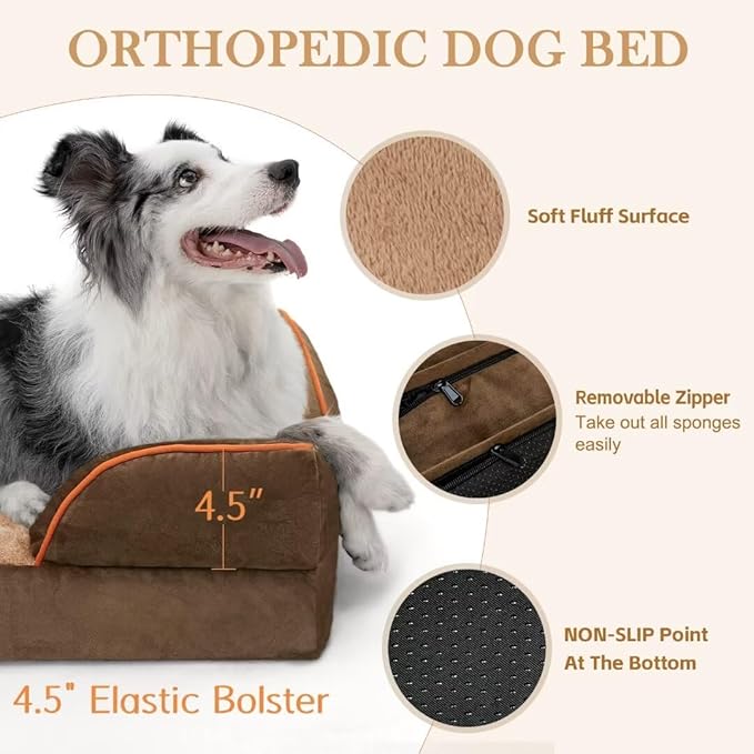 Comfort Expression Orthopedic Dog Bed for Large Dogs 36x27 Inch, Waterproof Supportive Memory Foam Large Pet Bed with Removable Bolsters, Dog Couch with Washable Cover & Non-Slip Bottom, Khaki Brown