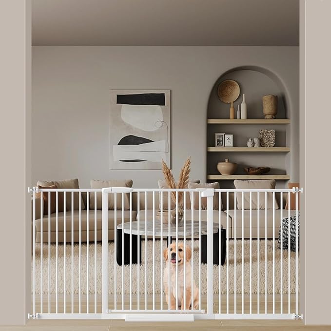 WAOWAO 1.37" Ultra Narrow Spacing Extra Wide Baby Gate 65.55-69.48" Pressure Mounted Walk Through Double Lock Swing Auto Close Safety White Metal Toddler Child Dog Pet for Indoor,Doorway,Kitchen