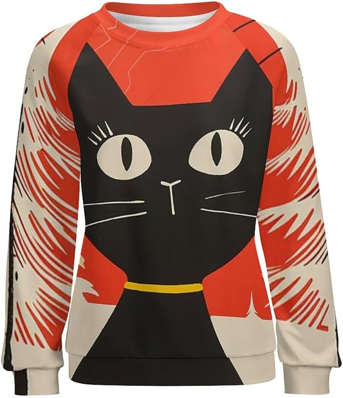 Biacolum Long Sleeve Shirts for Women Mid Century Retro Style Atomic Cat 3D Graphic Sweatshirts Fall Crewneck Pullover Top