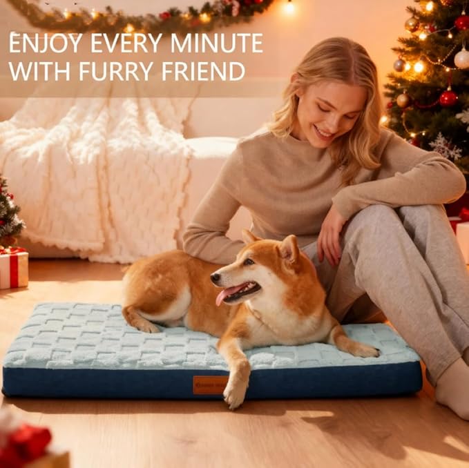 Patas Lague Orthopedic XL Dog Bed Large Sized Dog 48''X30'', Waterproof Soft Comfortable Egg Crate Foam Large Pet Beds Crate Mat with Removable Washable Cover and Nonskid Bottom, Blue