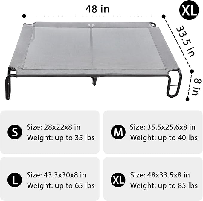 pettycare Elevated Outdoor Dog Bed - Dog Cots beds for Large Dogs XL, Waterproof Raised Dog Bed Easy to Assemble, Cooling Elevated Dog Bed with Teslin Mesh, Durable, Non Slip, Up to 85 lbs,Grey