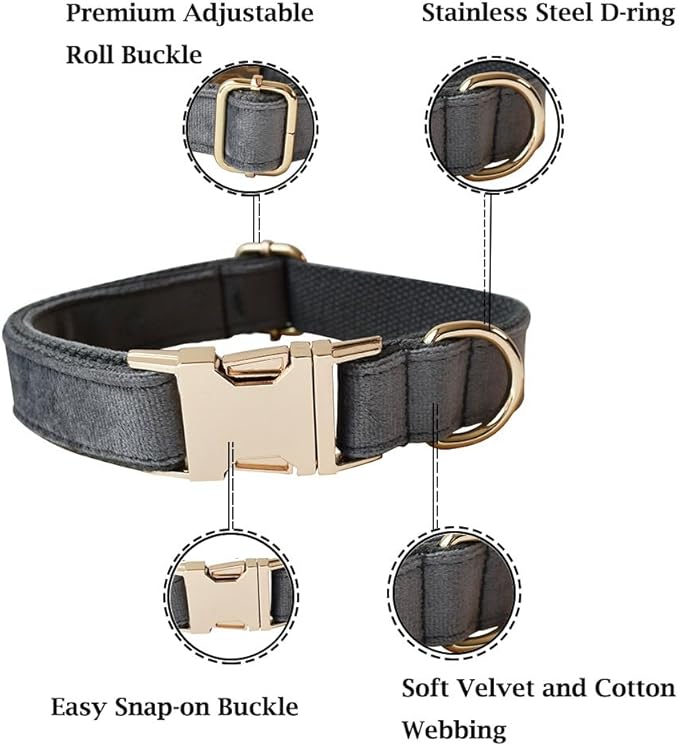 Velvet Dog Collar and Leash Set, Bright & Stylish Leash and Collar Set, Durable Pet Collars with Heavy Duty Quick Release Metal Buckle Adjustable for Samll Medium Large Dogs or Cats