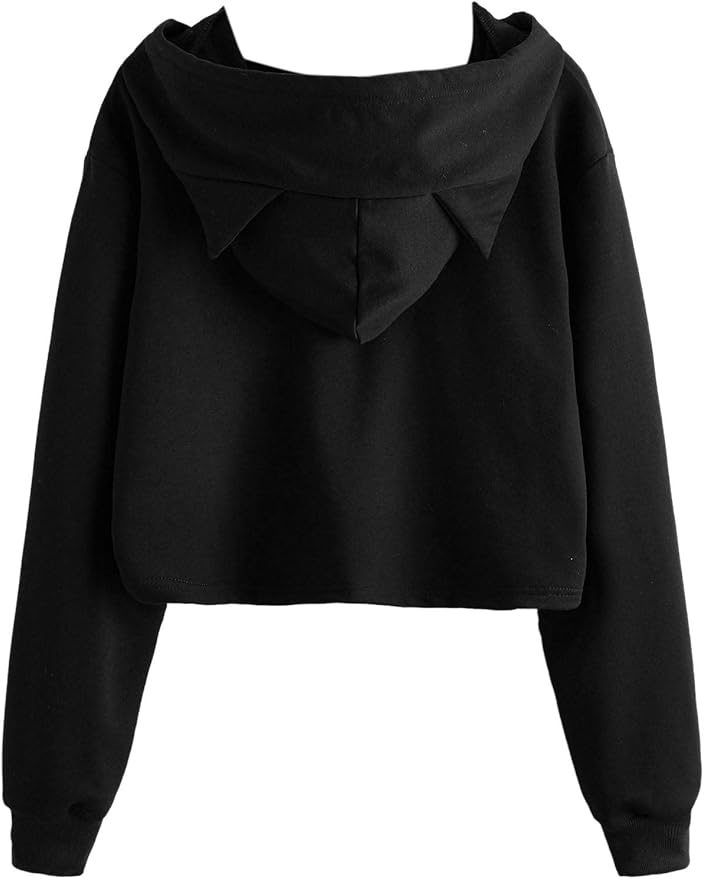 SweatyRocks Women's Long Sleeve Hoodie Crop Top Cat Print Sweatshirt