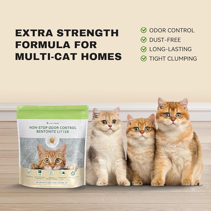 LALAHOME Bentonite Litter Sodium Mineral Cat Litter Clumping, Odor Control Kitty Litter for Self Cleaning Box & Automatic Litter Box, Dust Free, Strong Durability, 20 lb