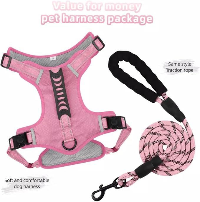 Dog Harness No Pull Adjustable Reflective,for Medium and Large Small Dog with Leash 59.06in (Pink, L)