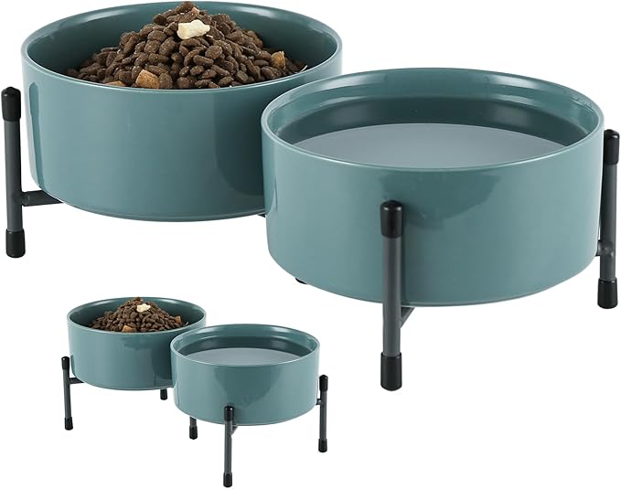 AOMRYOM 32 OZ Dog Bowls with Elevated Metal Stand, 6 Inch Ceramic Cat Bowl Dish for Food and Water, Pet Feeder Bowls for Cats & Dogs - Set of 2, Blue-Grey