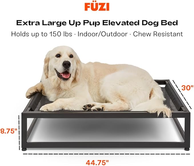 FUZI Up Pup Extra Large Elevated Dog Bed, Strong Indoor/Outdoor Raised Bed for Dogs, Chew-Proof & Durable, Breathable Design, XL Dog Cot, Extra Large Pet Bed, 45x30x9 Black