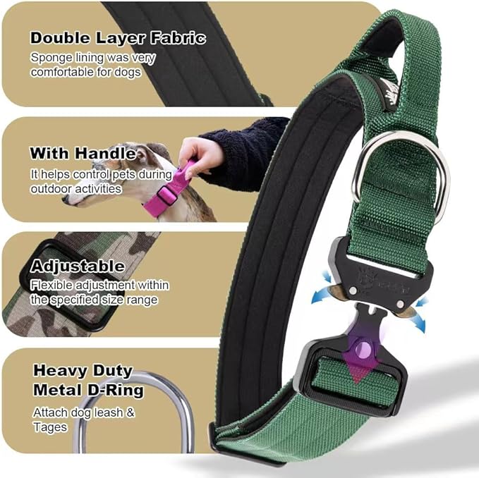 TSPRO Premium Dog Collars Tactical Dog Collar with Handle and Heavy Duty Quick-Release Metal Buckle Durable Thick and Adjustable for Medium to Large Dogs (Green M)