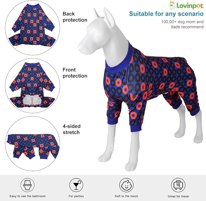 LovinPet Pitbull Pjs for Large Dogs Anti Licking Anxiety Calming Big Dog Pajamas, Lightweight Stretchy Fabric, Ring Print, Jammies for Dogs, Pitbull Party Clothes, Big Dog Costume,Large