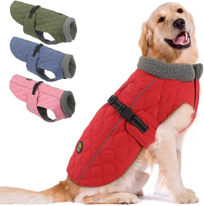 Dog Cold Weather Coats, Warm Fleece Lining Small/Medium/Large Dog Jackets for Winter, Adjustable Doggie Clothes for X-Large Dogs with Leash Hole and Quick Release Buckle, Red XL
