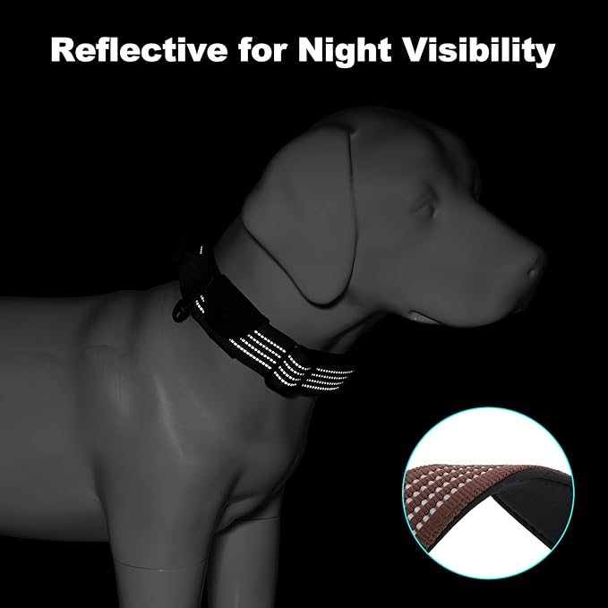Plutus Pet Tactical Dog Collar with Tracker Pocket for AirTag, Adjustable Reflective Nylon Collar, Metal Buckle, Leather-Wrapped Handle, Soft Padded for Medium Large Dogs (Chocolate, S)