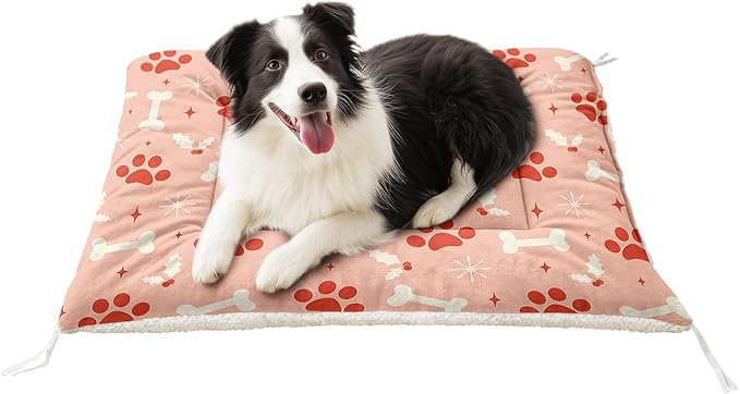 Dog Crate Bed Washable Crate Pad Pink Paws Bone Printed Soft Fluffy Pet Sleeping Mat for Large Medium Small Animals(Bone-3 S)