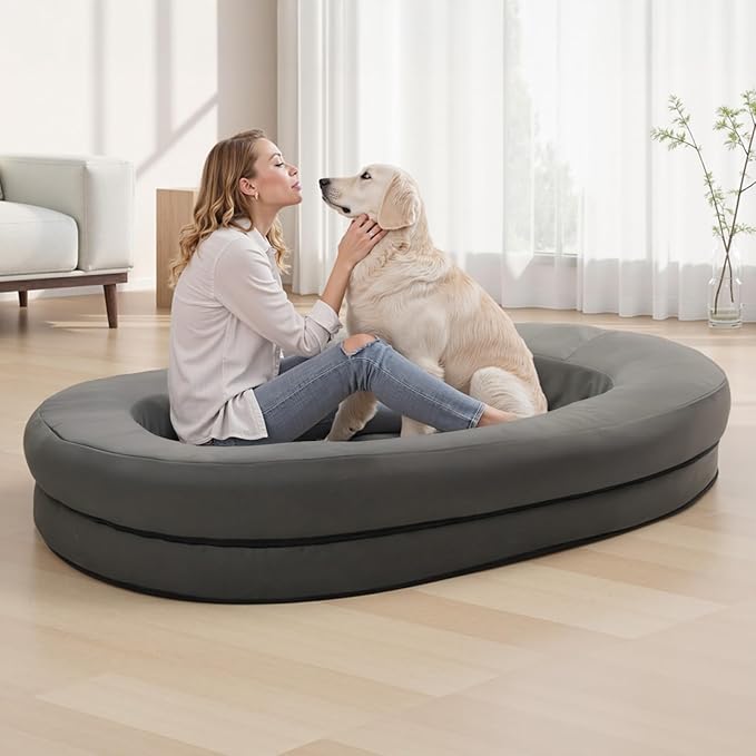 Luxury Plush Donut Pet Bed, Large Round Cushioned Dog Bed, Gray (Leather - Like Surface)