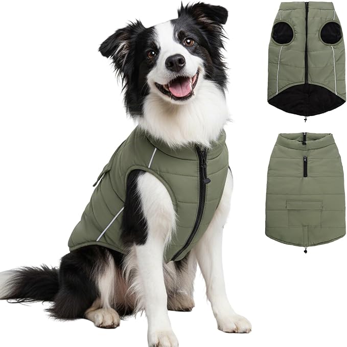 Dog Winter Coat - Waterproof Cold Weather Coat with Thick Padding, Windproof Dog's Snow Jacket with Neck & Tail Drawstrings, Reflective Puppy Jacket - Dog Coats, Olive Green XL