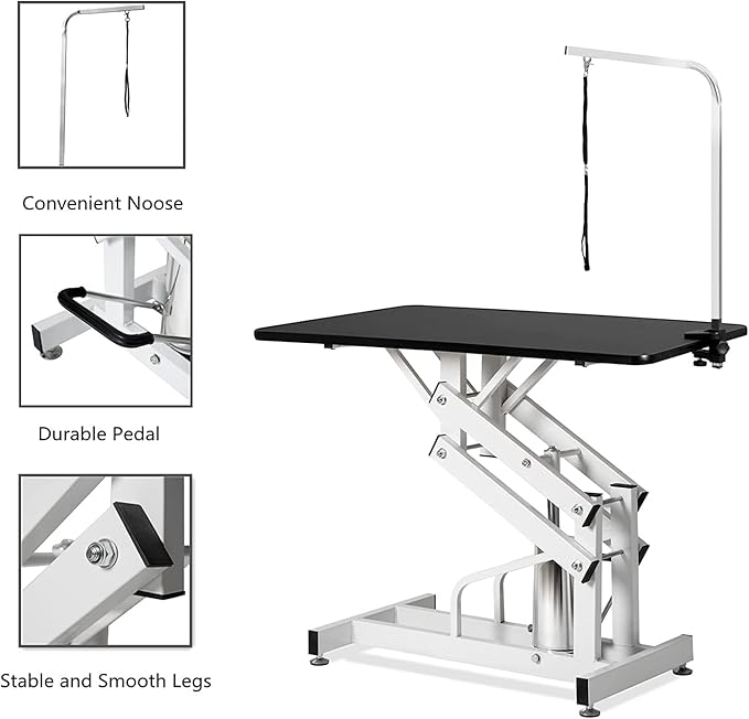 Hydraulic Dog Grooming Table for Small/Large Dogs, Heavy Duty Professional Pet Grooming Table with Adjustable Overhead Arm and Noose, Range 21-36 Inch, 43''/Black