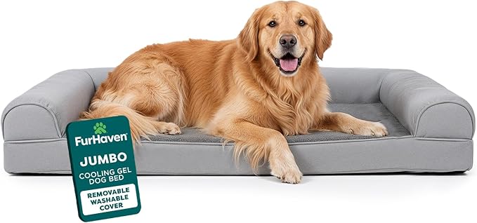 FurHaven Orthopedic Dog Bed for Large Dogs, Sofa-Style with Cooling Gel topper with orthopedic memory foam base for Joint Support, Removable Washable Cover, Jumbo/XL, Plush & Suede, Gray