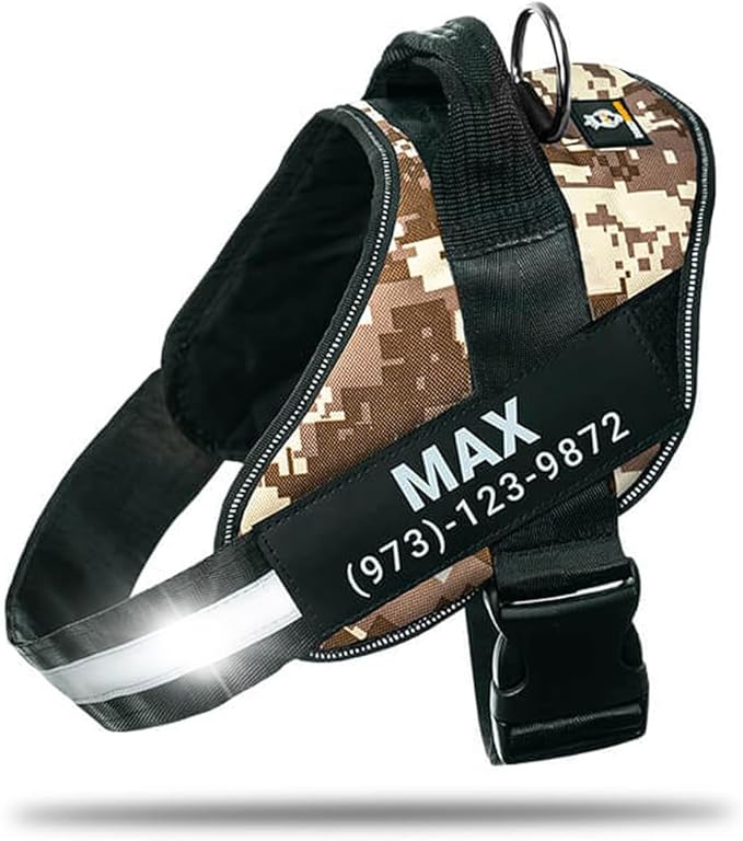 Personalized No-Pull Dog Harness with Name Patch, Adjustable, Reflective, Padded, Heavy Duty Pet Vest to Prevent Tugging, Pulling, or Choking, Training and Walking, Military Desert, 2XL