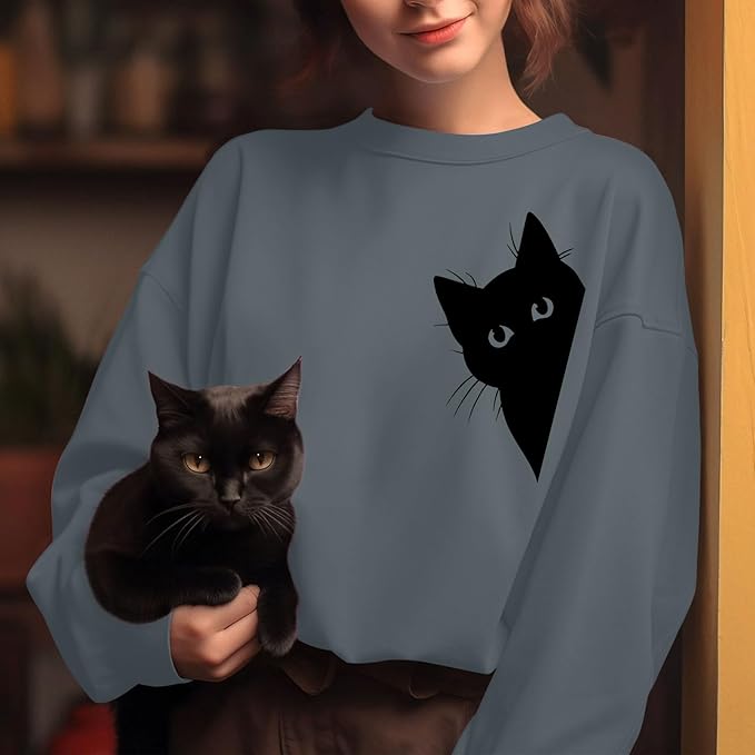 Cat Sweatshirts for Women Graphic Print Sweatshirt Funny Long Sleeve Shirt Cute Pullover Lightweight Hoodie Tops