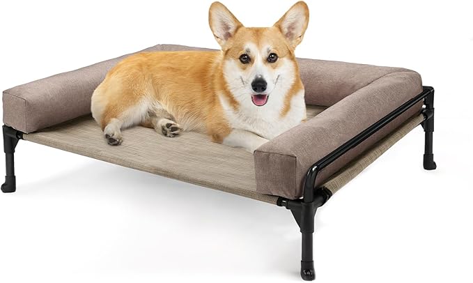 Veehoo Elevated Raised Dog Bed-Cooling Outdoor Dog Cot Bed for Medium Sized Dogs Three-Sided Fence Raised Pet Cot with Mesh &No-Slip Feet Dog Hammock Bed with Removable Bolster-29 x 18" Beige Coffee