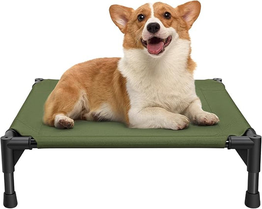 Love&go Elevated Dog Bed with Metal Frame, Cooling Raised Pet Cot for Dog and Cat (S - Olive Green Bed, Small-18.5x18.5x5.5 inch)