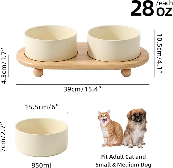 Havniva Ceramic Elevated Dog Bowls, Food and Water Bowls for Dogs, Puppy, Raised Dog Dish, Pet Feeder(6inch, 2 x Beige + Stand)