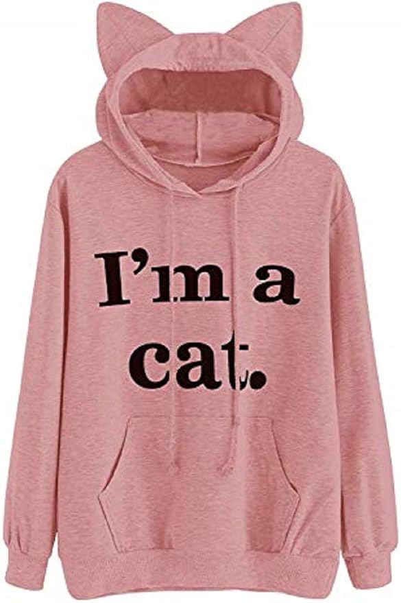 Women Girl Hoodies Cute Cat Ear Novelty Printed Pullover Sweatshirt