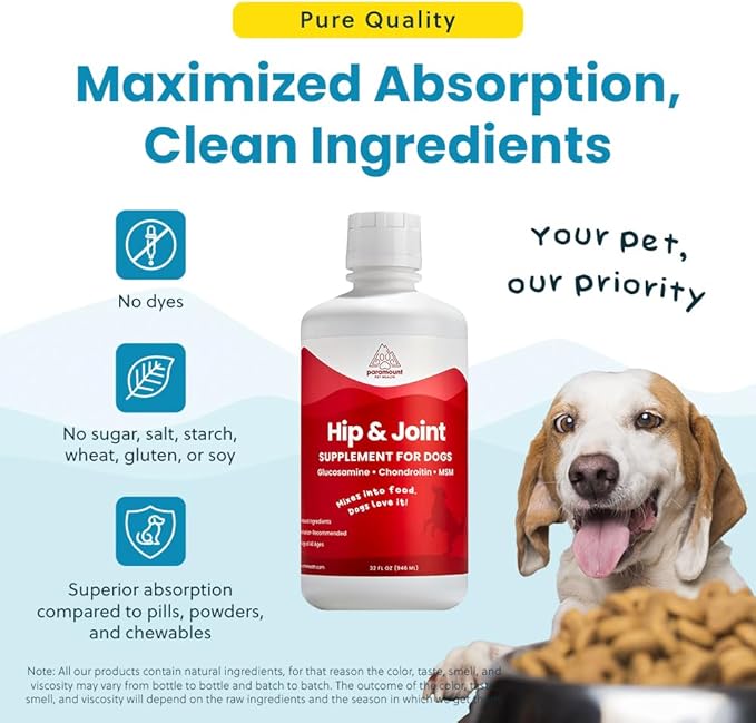 Paramount Pet Health Liquid Glucosamine for Dogs, 1600mg Glucosamine Chondroitin MSM, Hip & Joint Supplement for Large Dogs, Liquid Arthritis Relief & Mobility Support, 32 oz